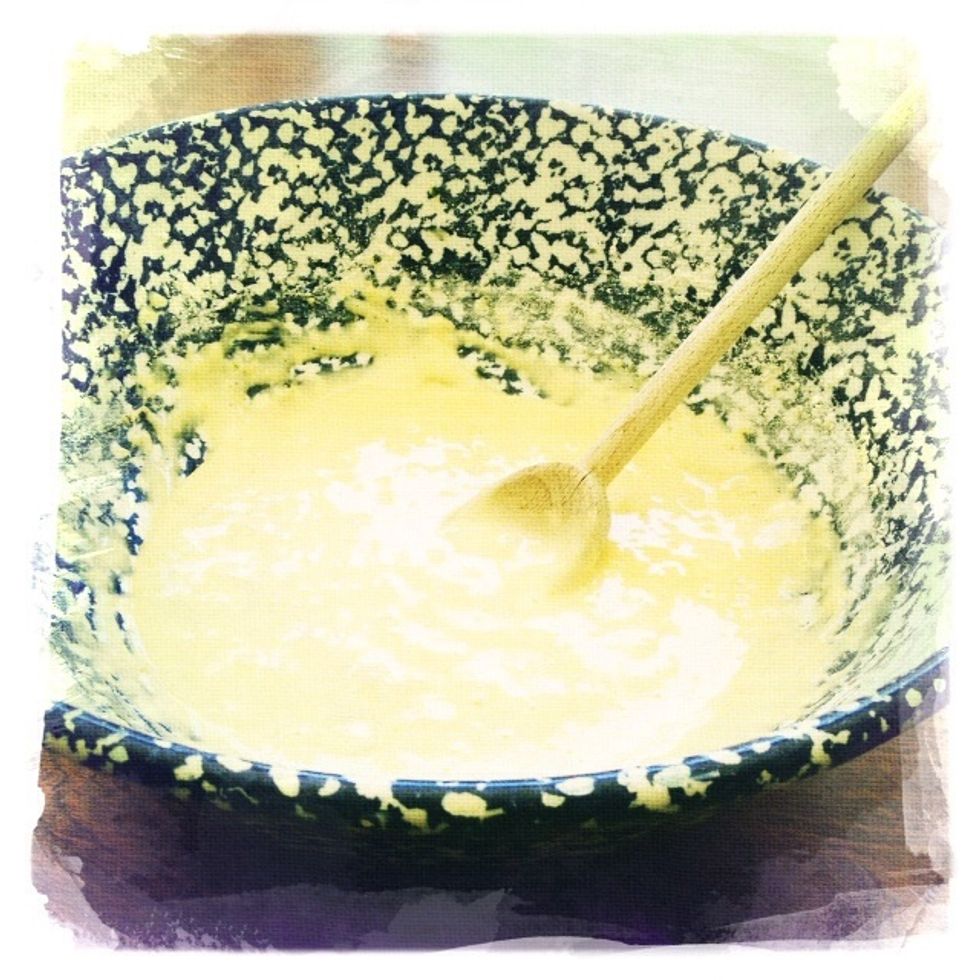 Beat the egg yolks and add the sugar slowly. Then add the oil and cr\u00e8me fraiche mixture, then the pinch of salt.