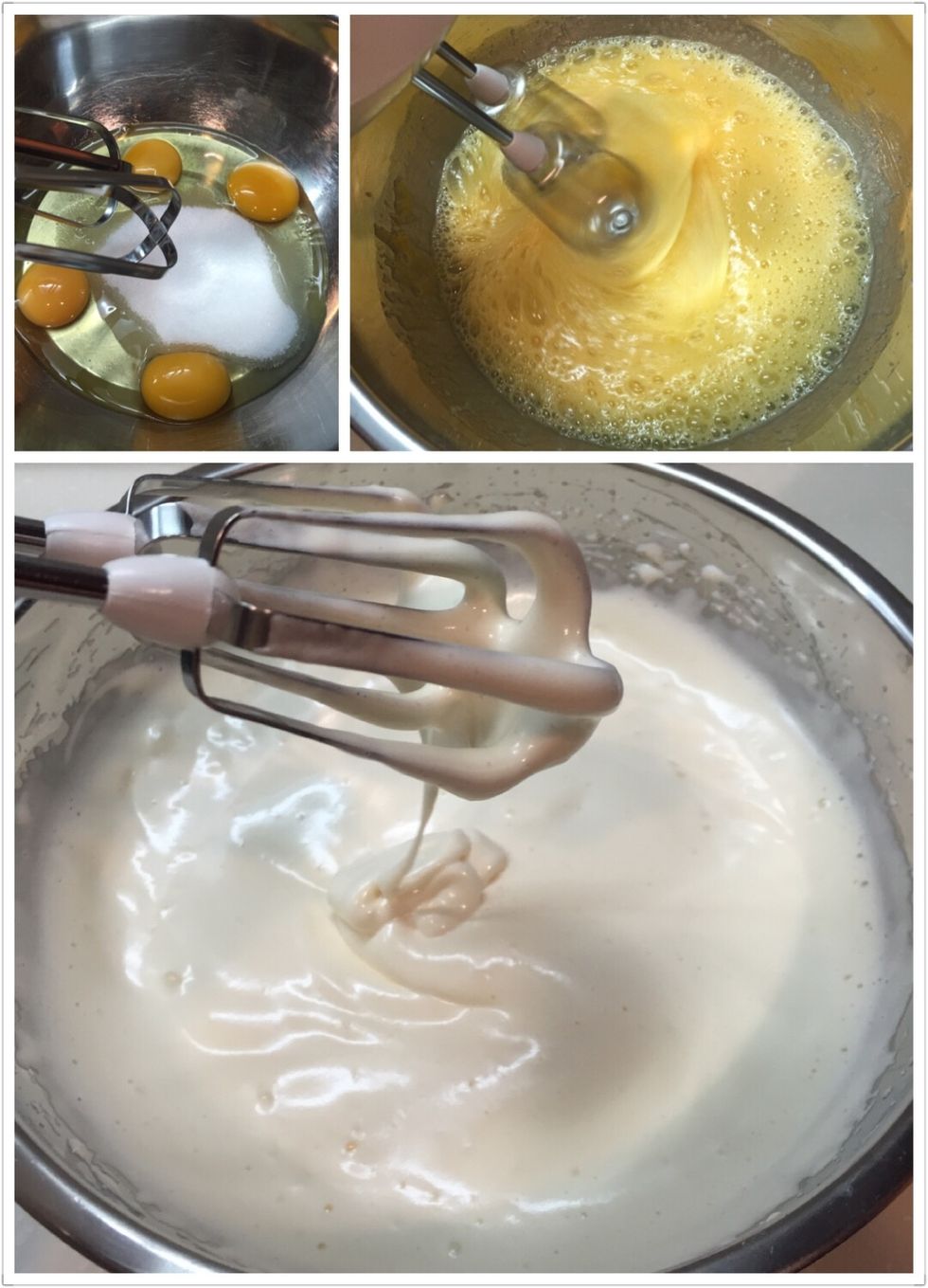 Beat the eggs and sugar in a large clean bowl with electric mixer at high speed for 12 minutes, or until pale, thick and tripled in volume.