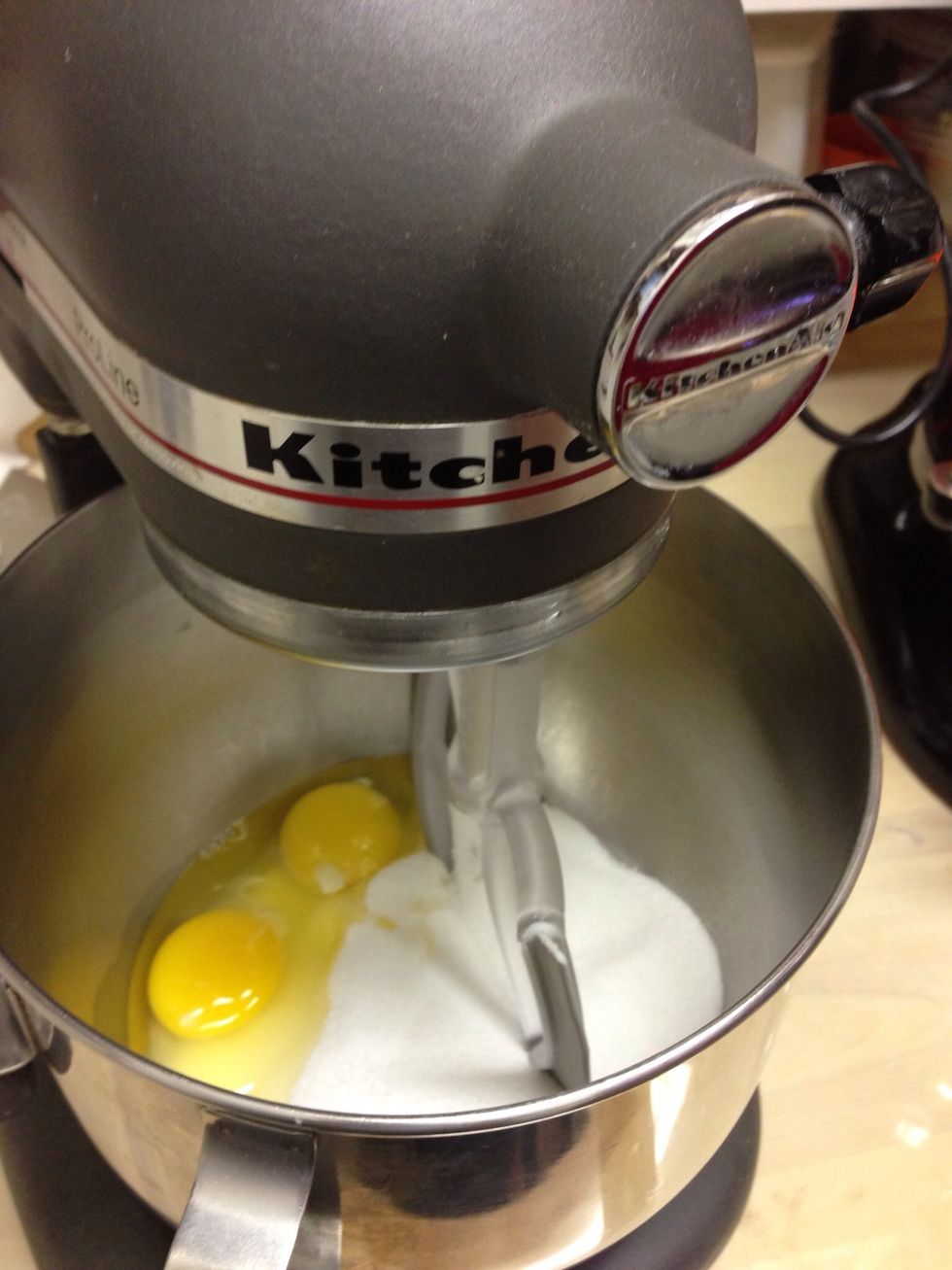Beat the eggs and sugar together in your mixer. If you have the "spatula" version of the paddle attachment, it really helps