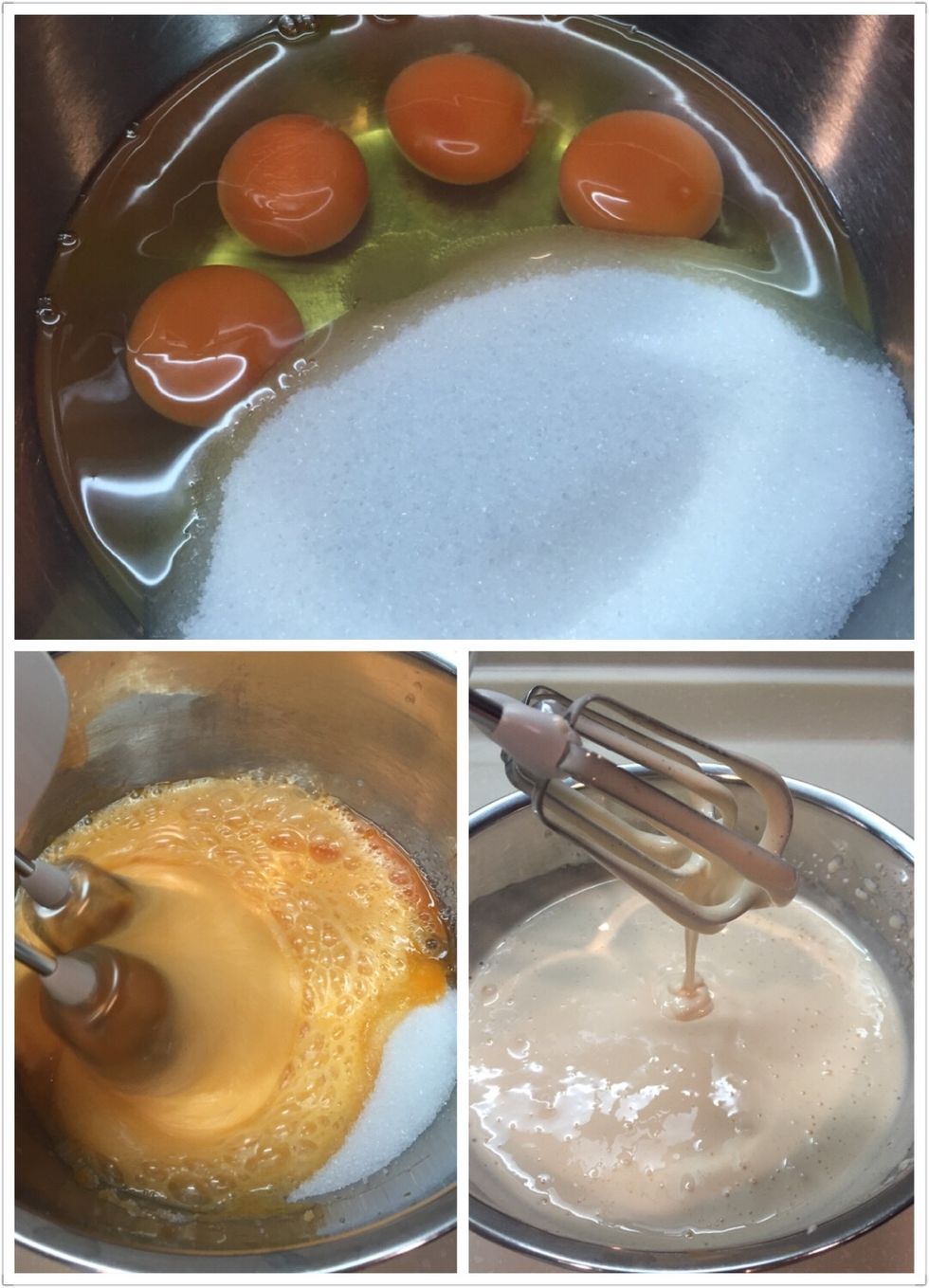 Beat the eggs and the sugar in a large bowl until light and fluffy.