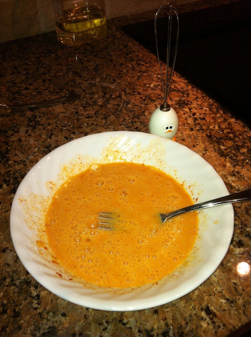 Beat the eggs, mustard, paprika and lemon together. I got this really cute egg beater but I do a far better job beating with a fork.