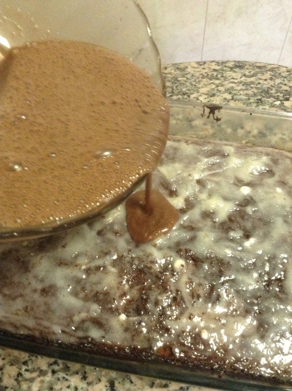 Beat the frosting mixture and pour it on brownies.