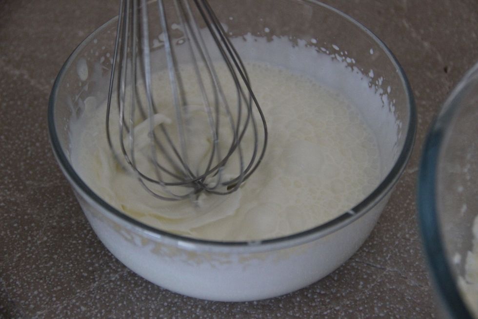 Beat! Then, after the cheesecake has cooled down to room temperature put it into the fridge. Spread the topping on the cake and let it set overnight.