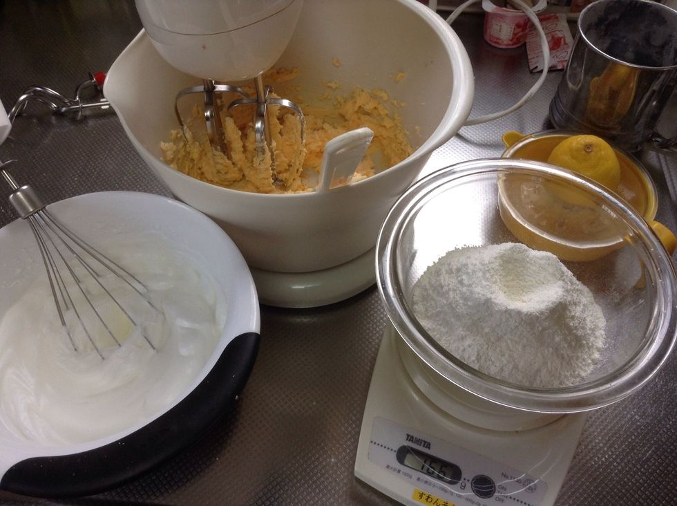 Beat together 150gm butter, 120gm sugar, adding 3 egg yolks when creamed. Add juice of \u00bd a lemon. In another bowl, beat egg whites till firm, add 2 tbsp castor sugar, beat till shiny.