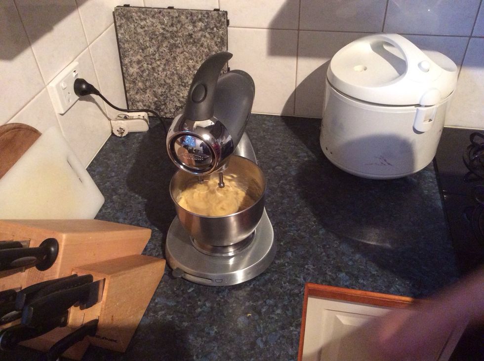 Beat together the butter and sugar till pale and fluffy. Add the eggs one at a time, beating after each addition.