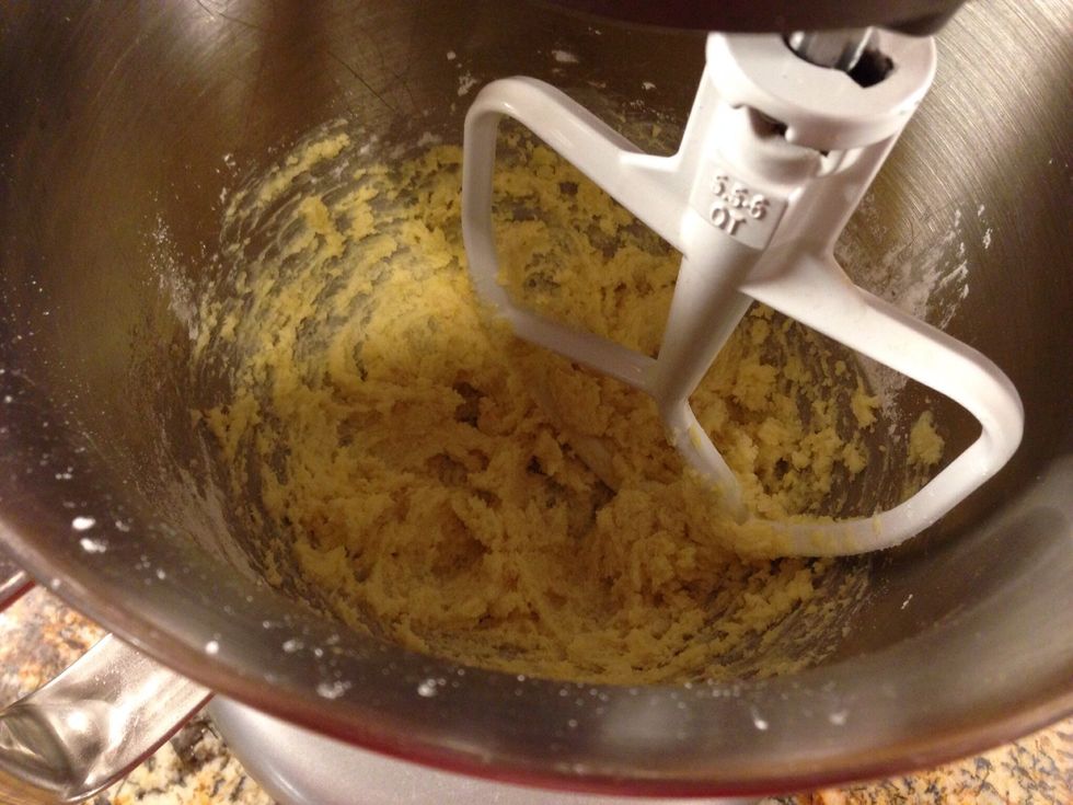 Beat together until smooth. Add 2 eggs, almond extract and flour . Set aside mixture.