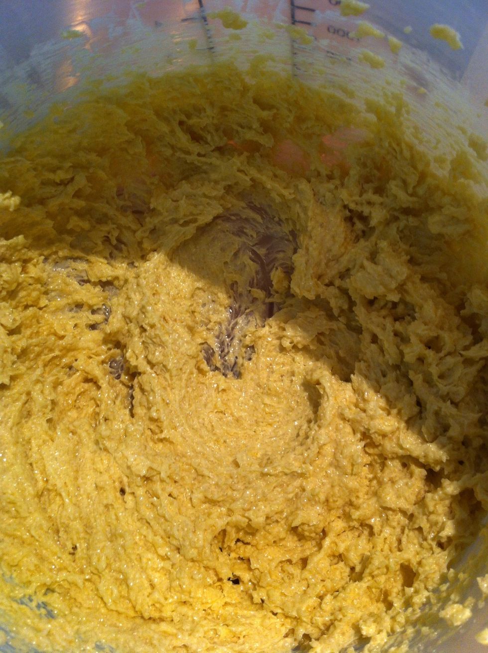 Beat until creamy ... I used raw sugar so it looks a little brownish will look more yellowy if you use white sugar