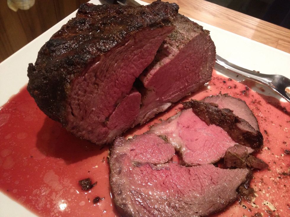 Beautiful medium cook throughout, thanks to the reverse searing idea I got from amazingribs.com. Finished with a mushroom gravy prepared a day in advance for best blending of flavor. Amazing result!