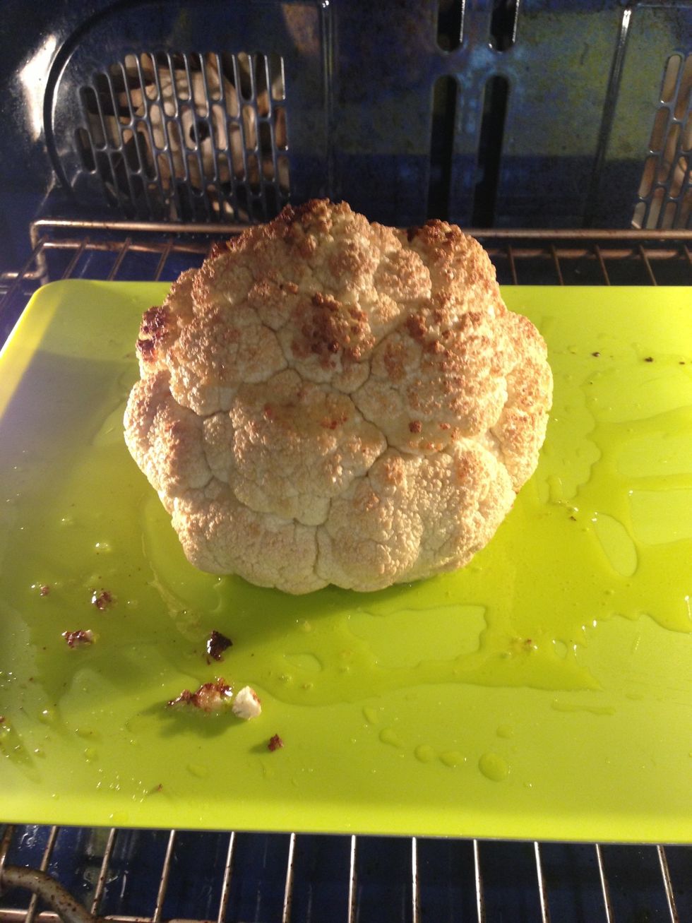 Because after 1:30 hr. you c that the extra oil has dripped out on the baking sheet. So I used that to baste the cauliflower.