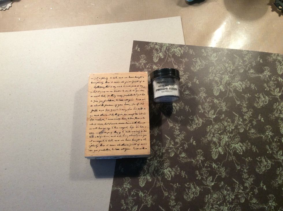 Because this layout will have weight to it, I adhere chipboard to the back of my 12 x 12 scrapbook paper. Using script stamp and white embossing powder, stamp & heat set your impression randomly.