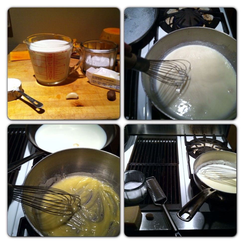 Bechamel. Heat Milk with 1 garlic clove over med. In another pan..melt butter over med heat & whisk flour in 1tbsp at a time...make a roux. Whisk in milk slowly and cook on med add salt, NM, 1/2 GP.