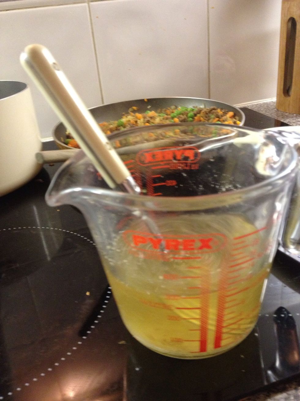 Beef stock time. I recommend approx 250ml of water. Remember, do not add to the mix until fully dissolved in water.