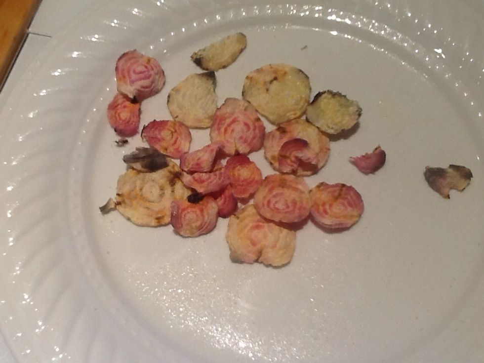 Beet chips or sweet potato chips crisped in the microwave.