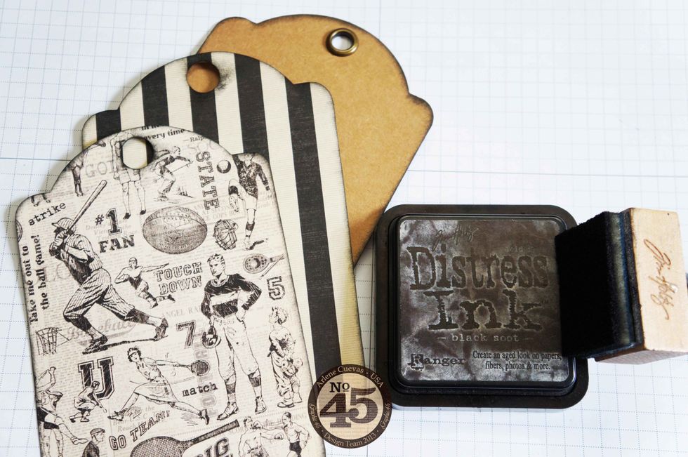 Before adding glue, I finish off the edges with Distress Ink (this is optional but gives the edges of your tags a finished/distressed look.) Don\u2019t forget to edge your tag too!