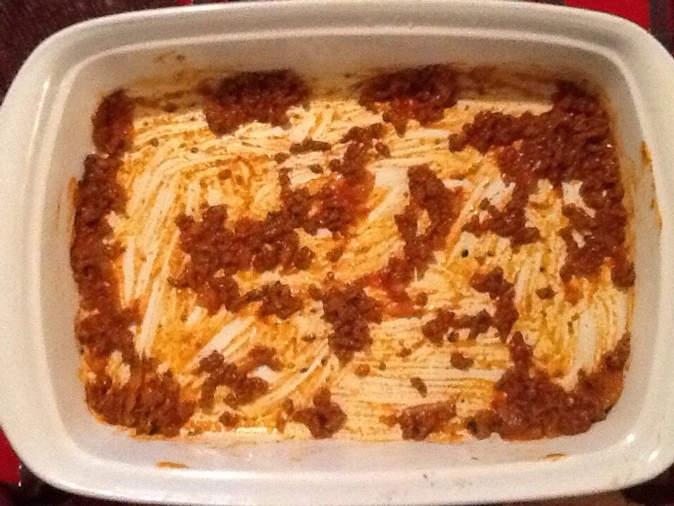 before adding layers you must spread a small amount of meat to the surface of the lasagna pan so the pasta sheets wont stick