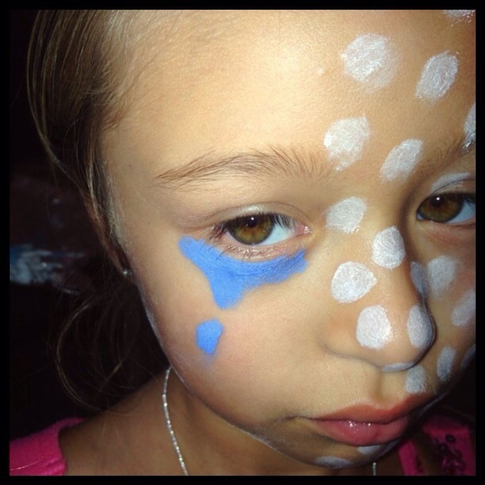 Before finishing white dots on the face make a watery eye with blue face paint