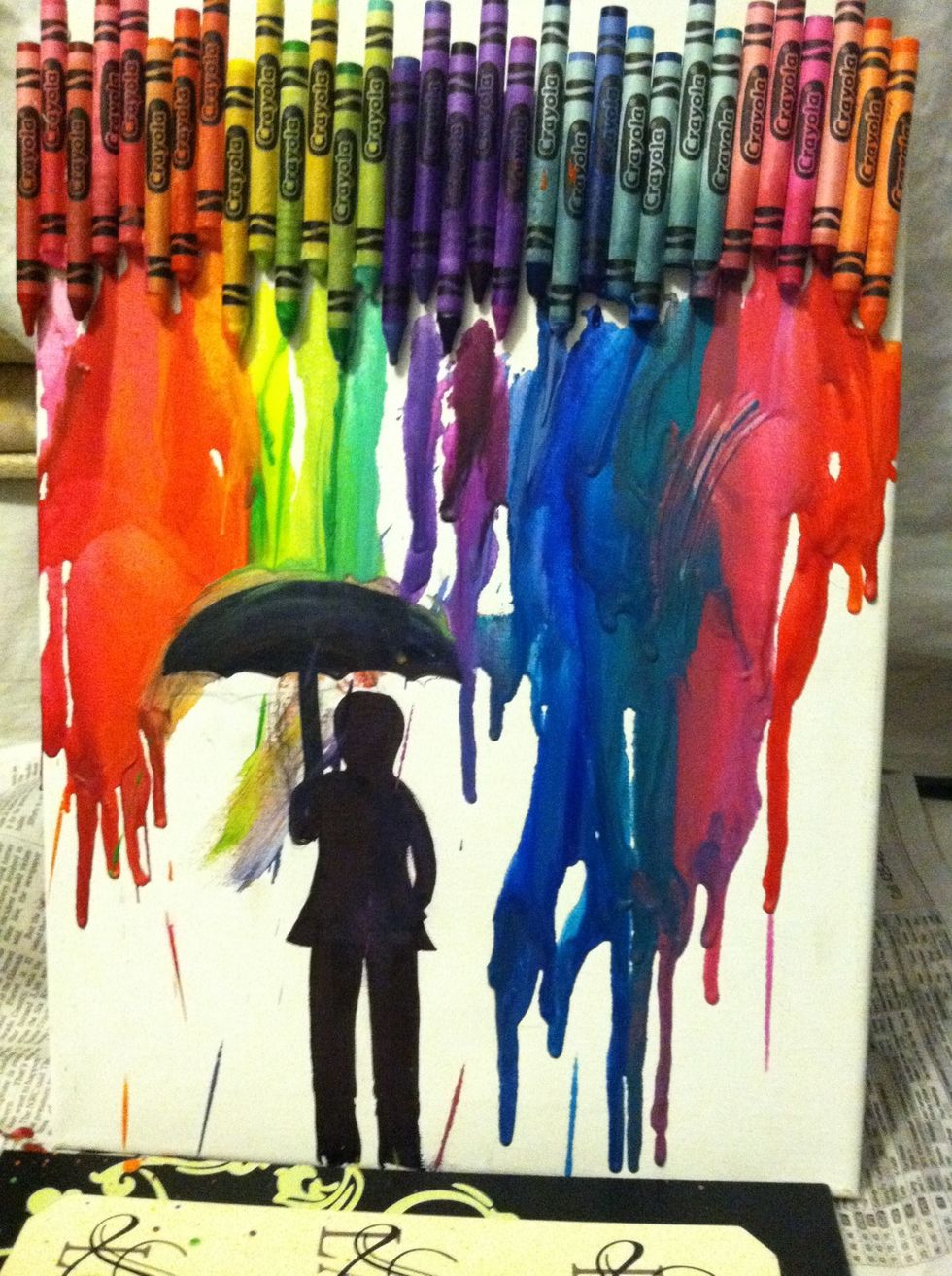 *before melting, cover character w/ a movie cover. Remove cover and continue to melt onto his umbrella *use tissue for desired shape, wiping crayons as they melt