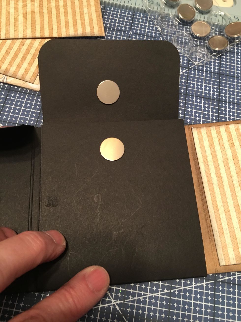 Before patterning the other sections, you will need to add a magnet set to the inside of each flap and to the outside of the larger flaps. Use 1 magnet set (+ & -) for each flap section.