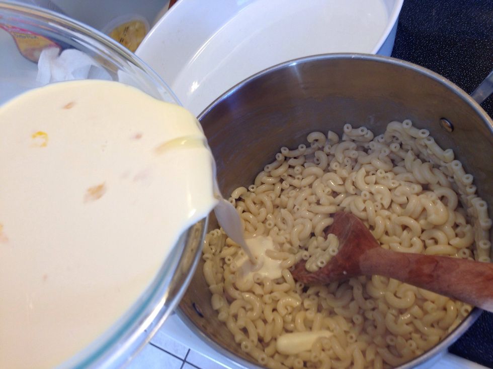 Before pouring in mixture! Taste your noodles for salt! I suggest adding pepper and salt to taste! Grab your milk mixture and slowly stir into pot with noodles and melted butter!