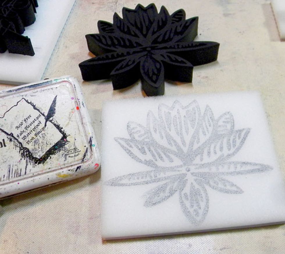 Before using ArtFoamies, stamp the Stamp Buddy using Archival or StazOn ink. This is done so that you will know where to add the paint to ensure full coverage on the stamp.