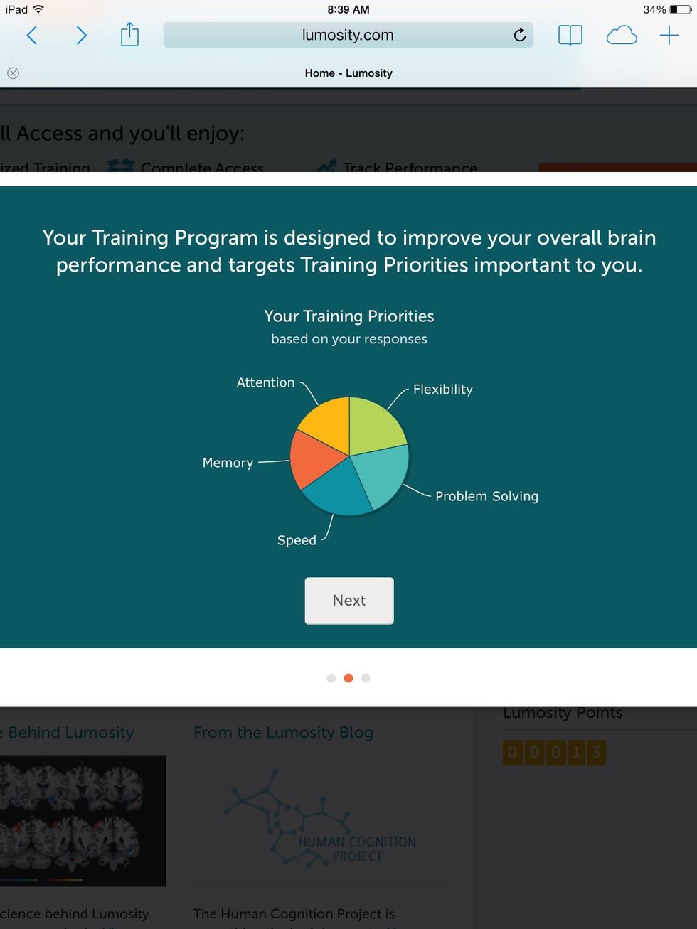 Before you can begin training, you must first answer a few questions.  Lumosity will ask you about your memory, attention, speed, flexibility and problem solving abilities.