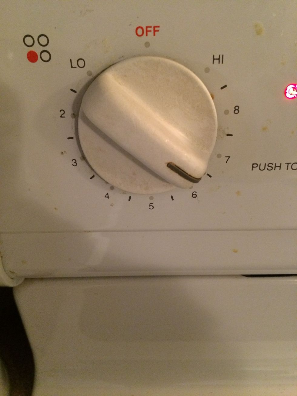 Before you mix the wet and dry ingredients together, you should turn on the stove. I usually turn it on a little past medium heat.