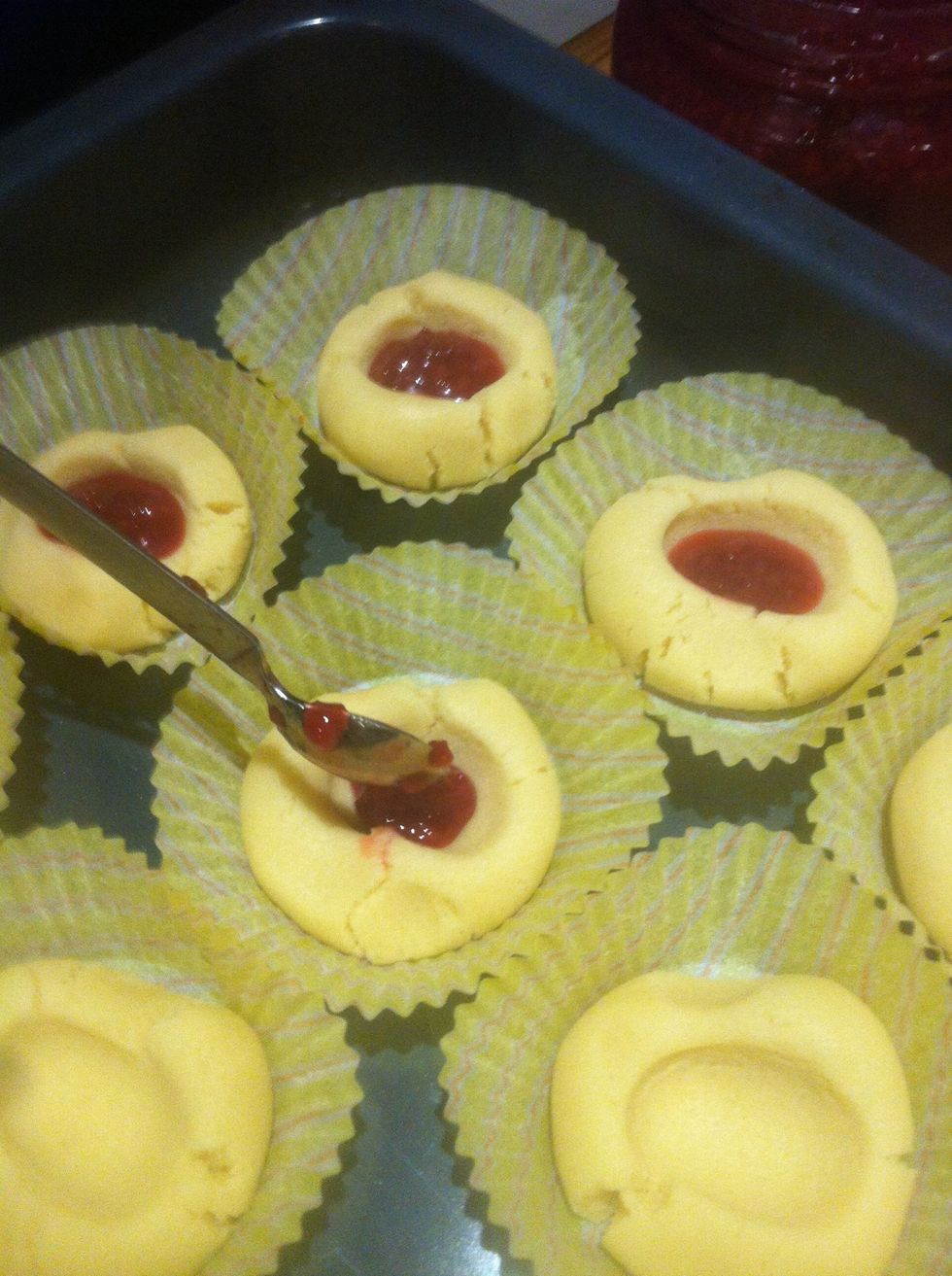 Before you put it in the oven you must fill the holes with some rasberry jam