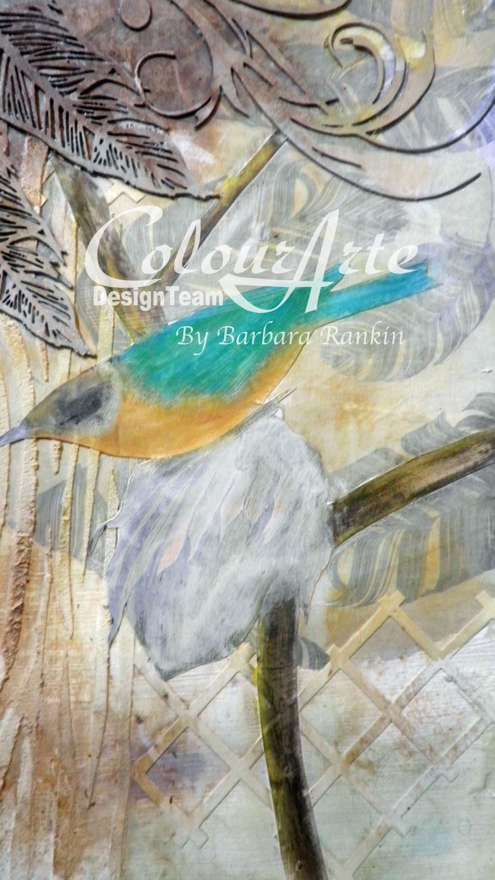 Begin adding Faber-Castell Gelatos in ochre, blue, green, yellow, brown, black, and white, rubbing and blending each with your finger as you work.