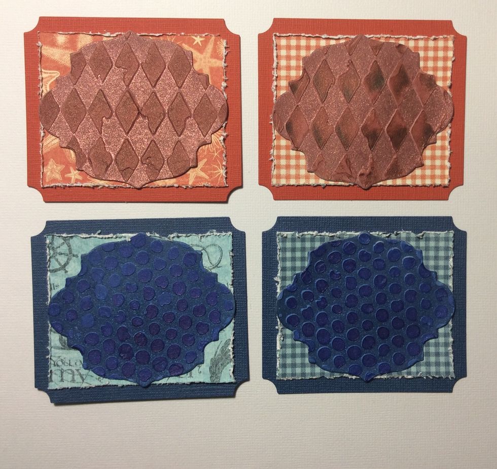 Begin adhering layers in the correct order. Start with card stock then distressed rectangles and then adhere textured die cut shapes. Be sure to use strong tape or wet glue