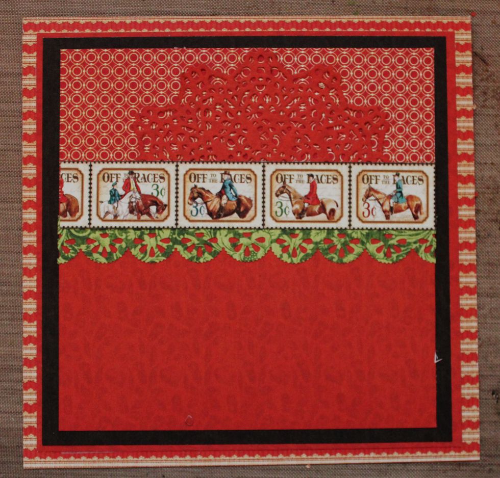Begin by adhering pattern paper to a piece of 6" x 12" pattern paper that has been scored in half to for card base. Die cut doily out with die and pattern paper. Adhere to top of card front.
