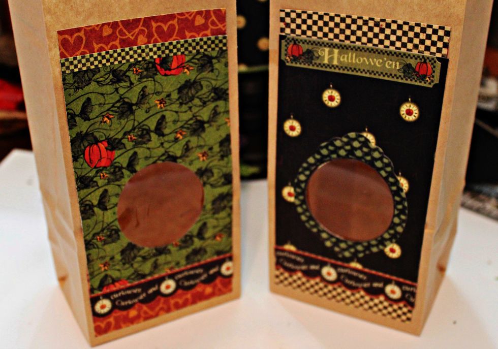 Begin by adhering pattern paper to front of treat bags.