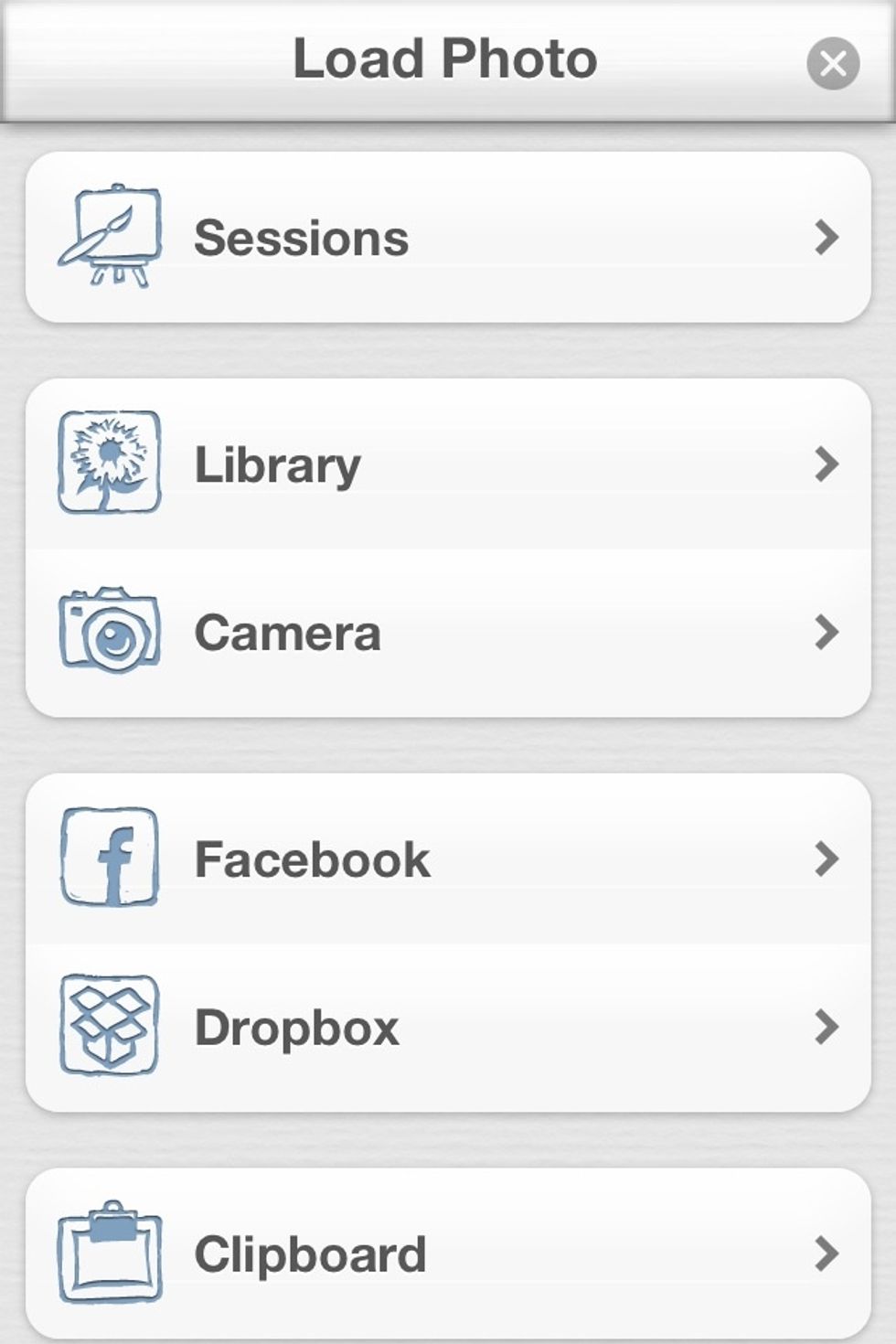 Begin by importing a photo from your library, Facebook, Dropbox, or your Clipboard.