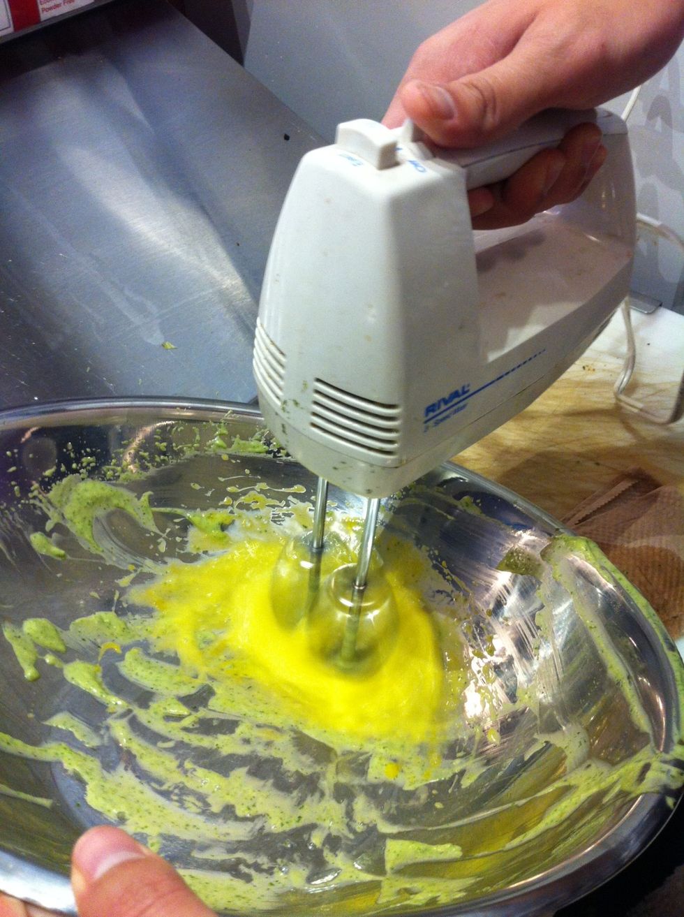 Begin by mixing the eggs until slightly frothy.