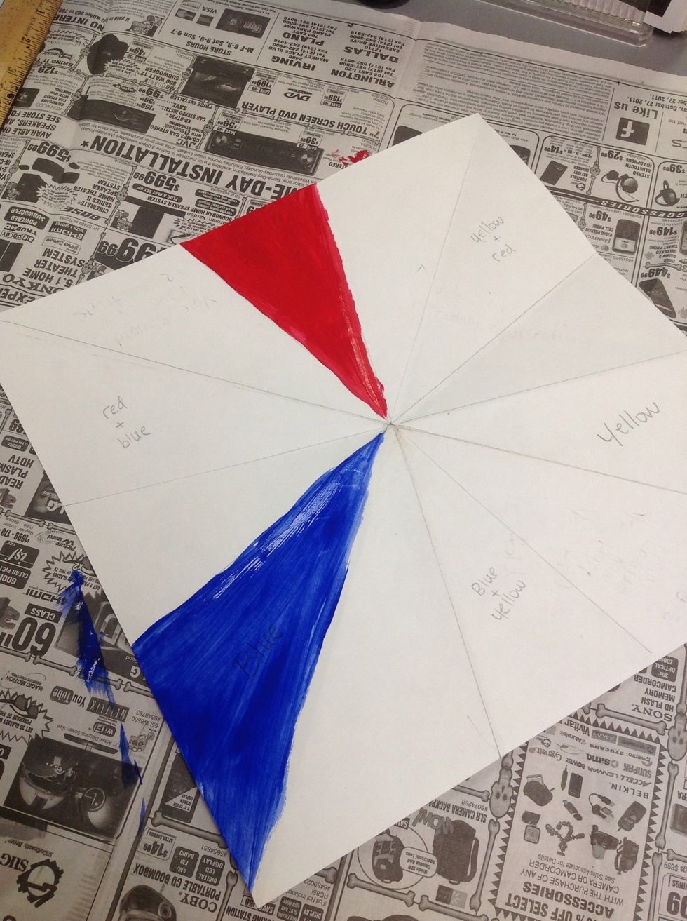 Begin by painting two of the primary colors in the labeled spaces. Rinse brush well between colors!