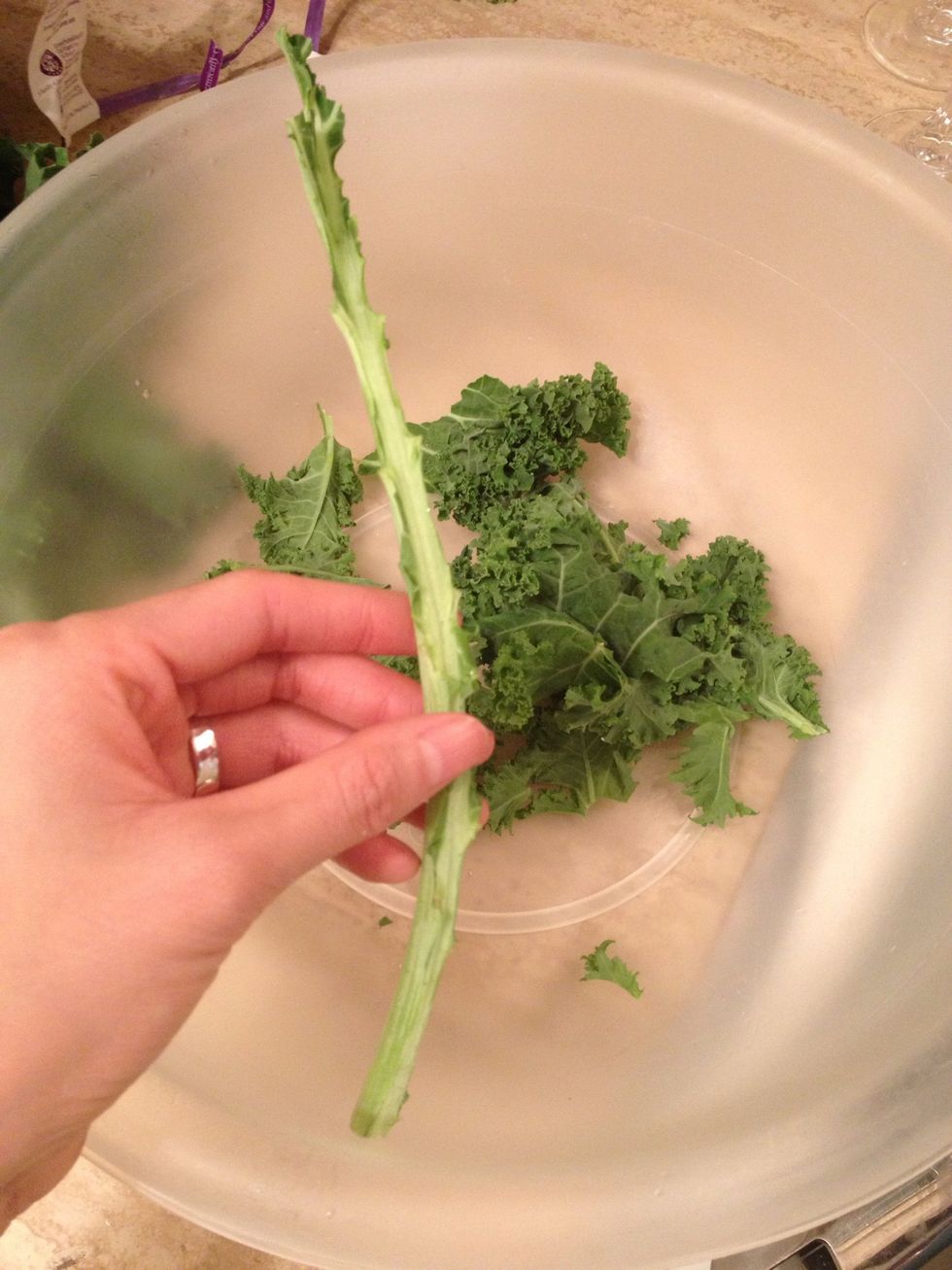 Begin by tearing the leaves off the stalk like this. Save the stalks for composting/feeding your pigs/ or blending in a smoothie.
