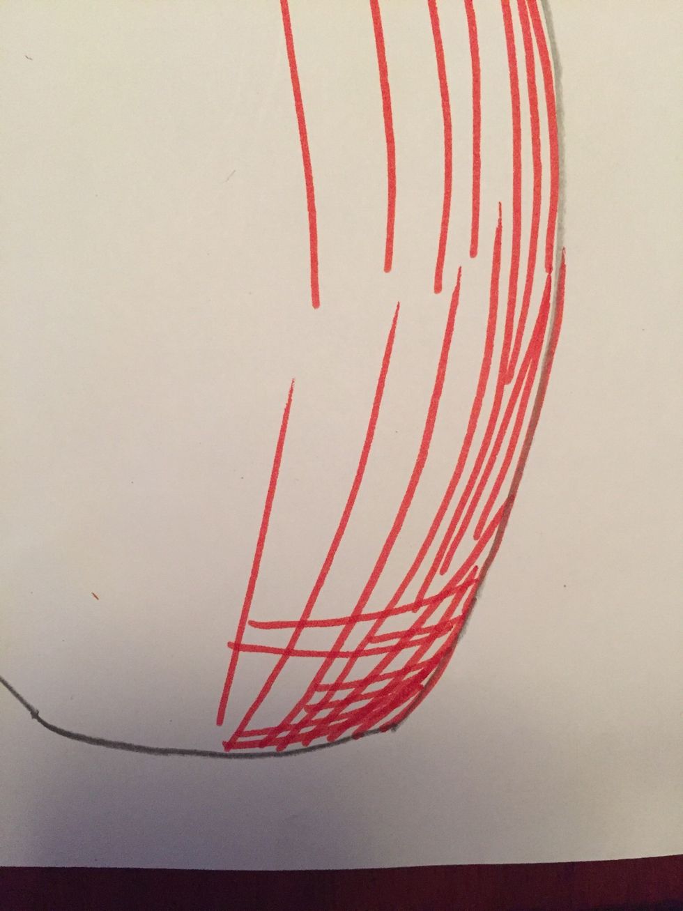 Begin creating the CROSS hatching. You will draw lines over your first set of lines, this time going in the opposite direction so they CROSS. Vary the length of the lines to make value (long, short)