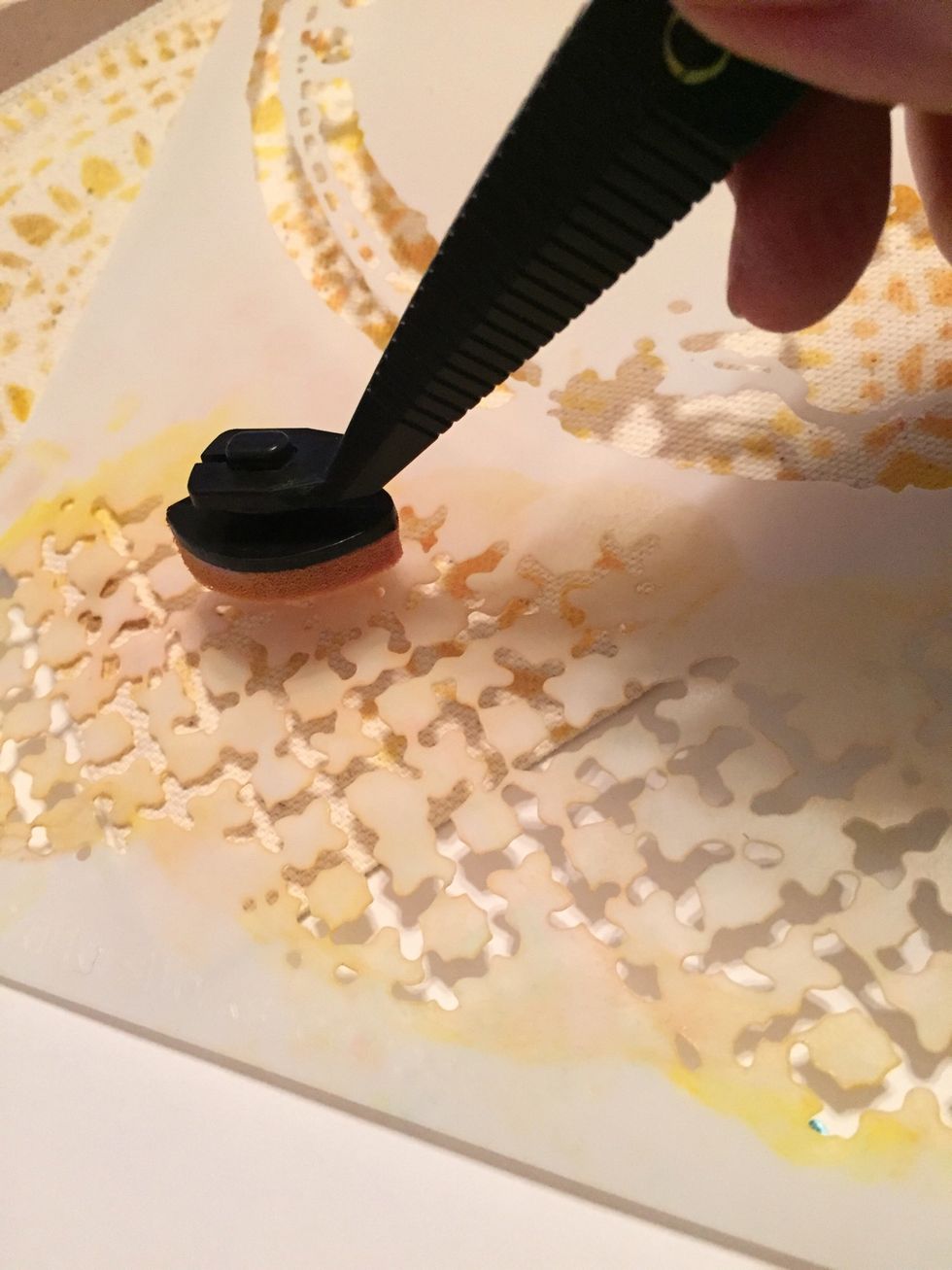 begin filling in areas using diamond portion of Butterfly Collage stencil, inking with Sunshine, Desert Sand and Sweet Pea Inks.