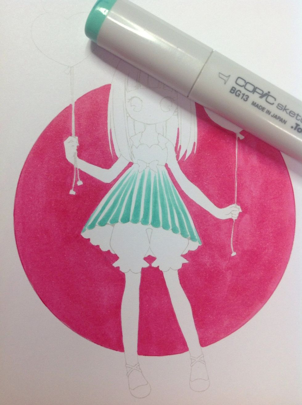 Begin forming the pleats on the skirt using a medium tone.