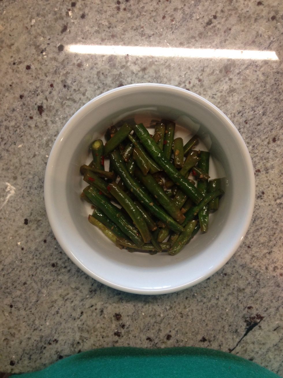 Begin layering your ramekin with the "harder" veg on the bottom. ie: potatoes. I started with leftover green beans.