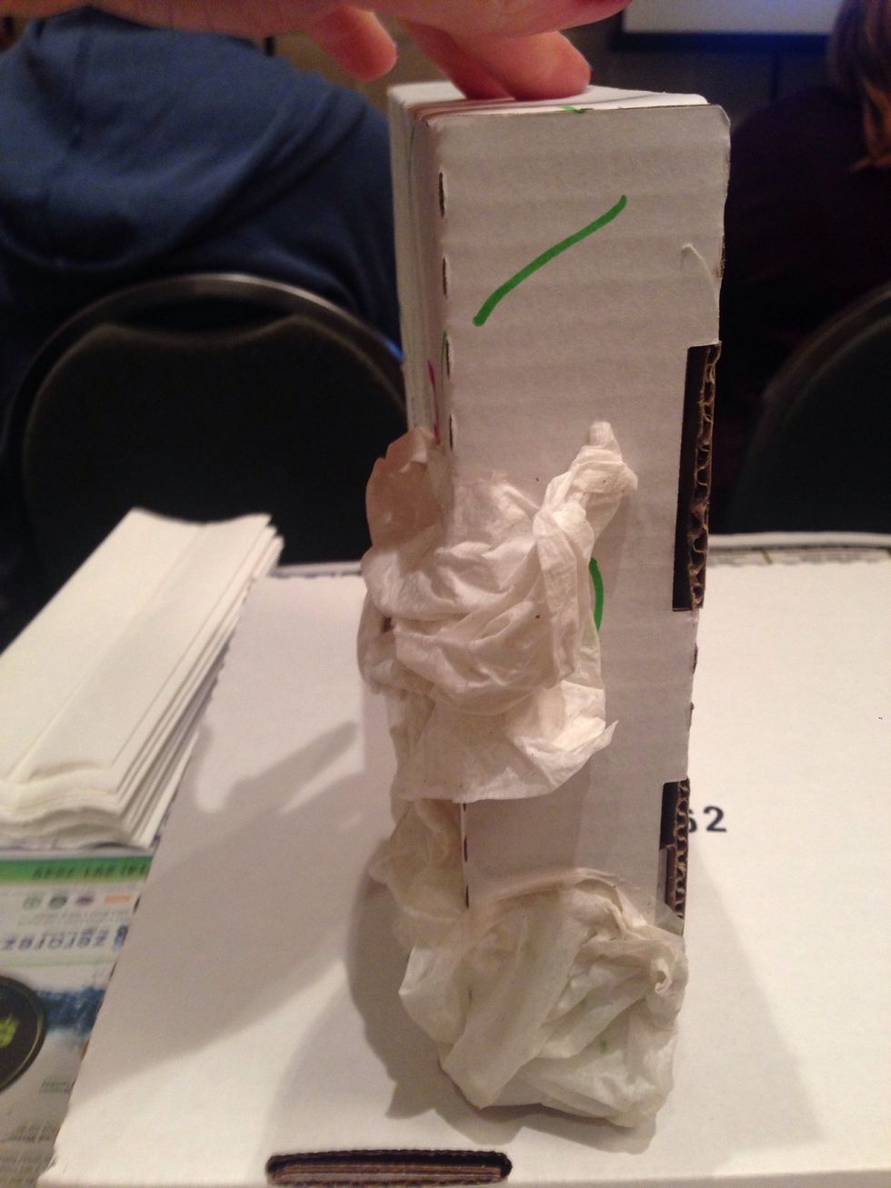 Begin making the sculpture by dipping the paper towels into the paste. Squeeze all the extra paste out if the towels. Sticky but not drippy!!! Add to the box and sculpt!
