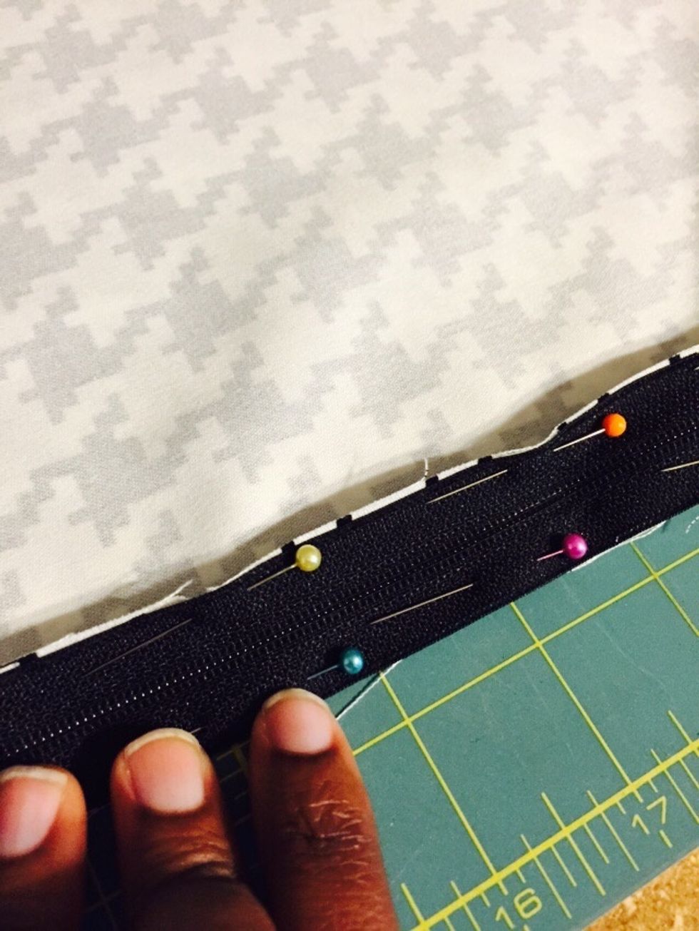 Begin pinning zipper to other side of fabric. *I do not have a zipper foot, so I utilize a lot of pins to hold my zipper in place.