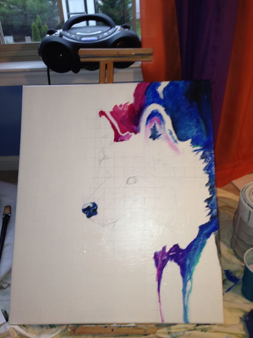 Begin to add a reddish-pink to the top left ear. Begin to remove the grid