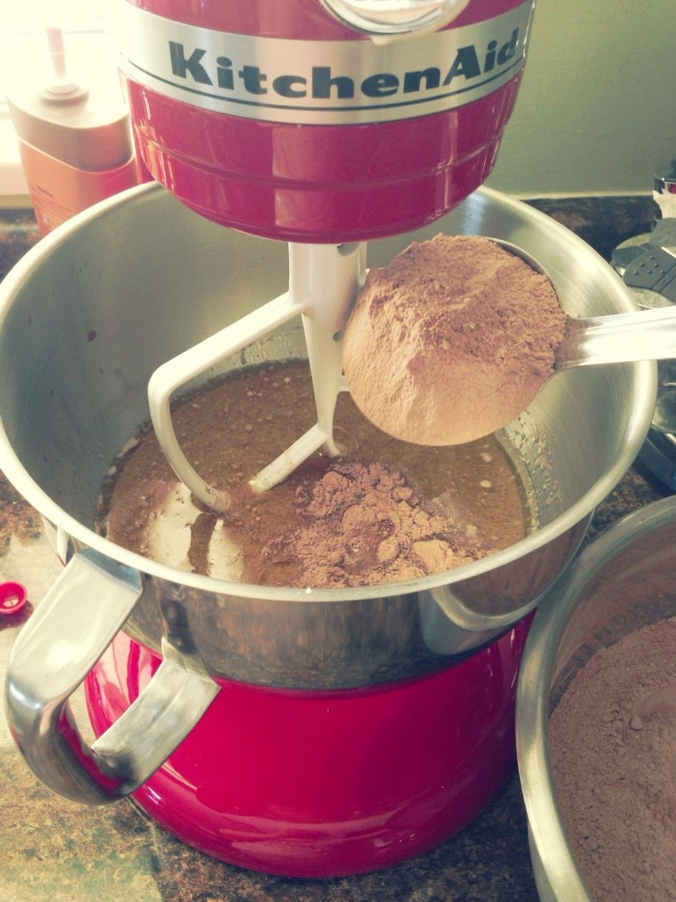 Begin to add the flour mixture and beat on medium speed.