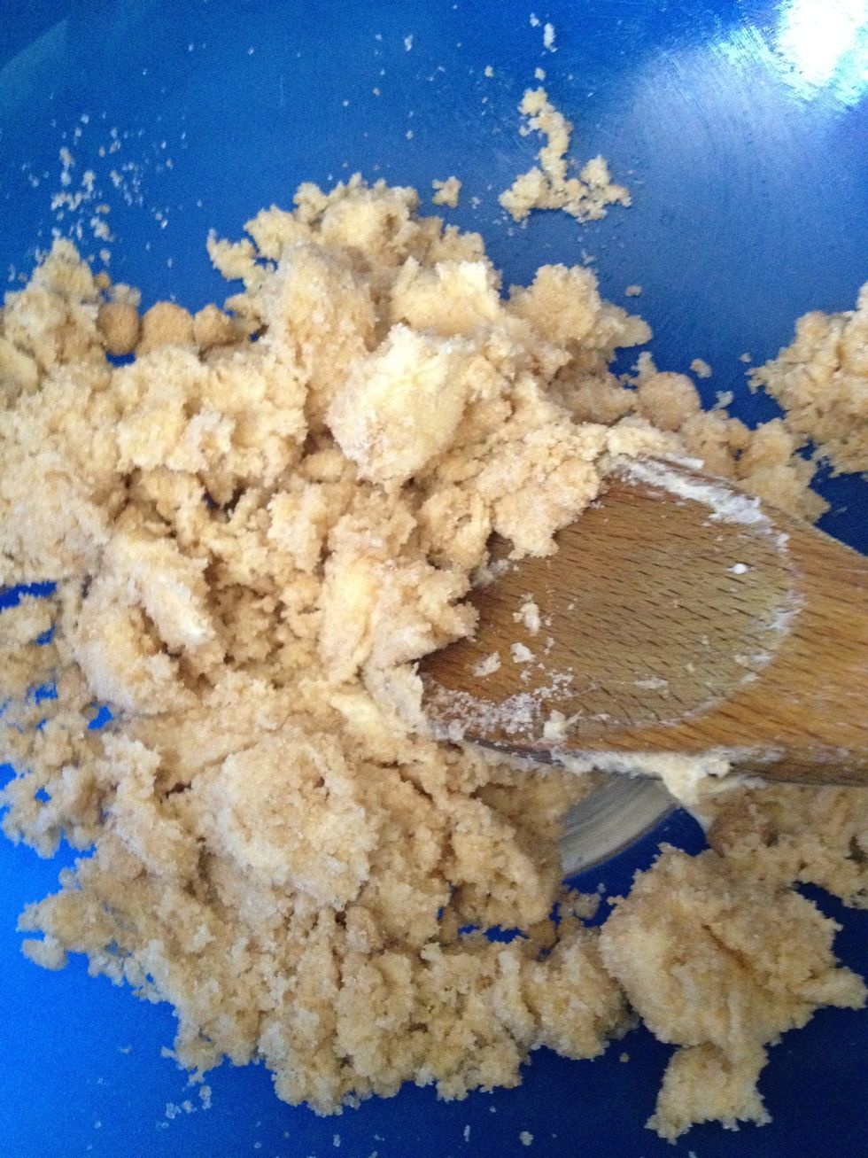 Begin to cream butter and sugar. You can use a stand mixer, an electric mixer or a good old wooden spoon like me. This it how it looks at first...