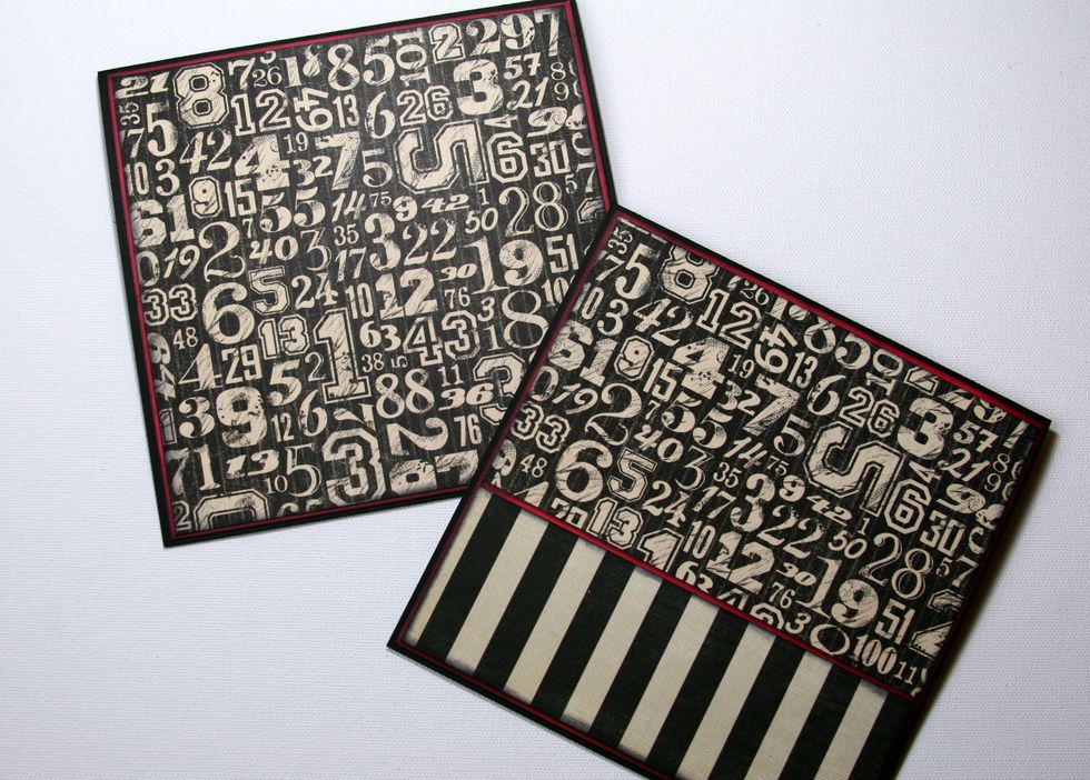 Begin with 2 sheets 6 x 12 " of black cardstock. Score at 6 " Add 5 7/8" squared red cardstock and top with 5 3/4" patterned paper. Ink all edges. Double sided tape makes this quick and easy.