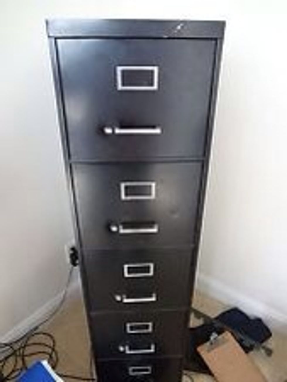 Begin with a simple filing cabinet. The one I found was old and beat-up, but for $10 at a thrift store it was the right price and a great size (think height,not width for small spaces)