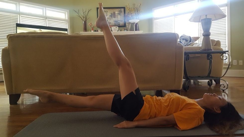 Begin with flutter kicks (continued). Alternate legs in a quick manner while still keeping the other leg above ground. Continue this exercise for at least 1 minute and repeat for 3 sets.