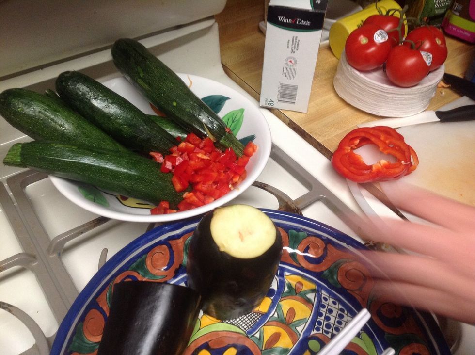 bell pepper before(on board) and after (in bowl). also the eggplant that was being prepped.