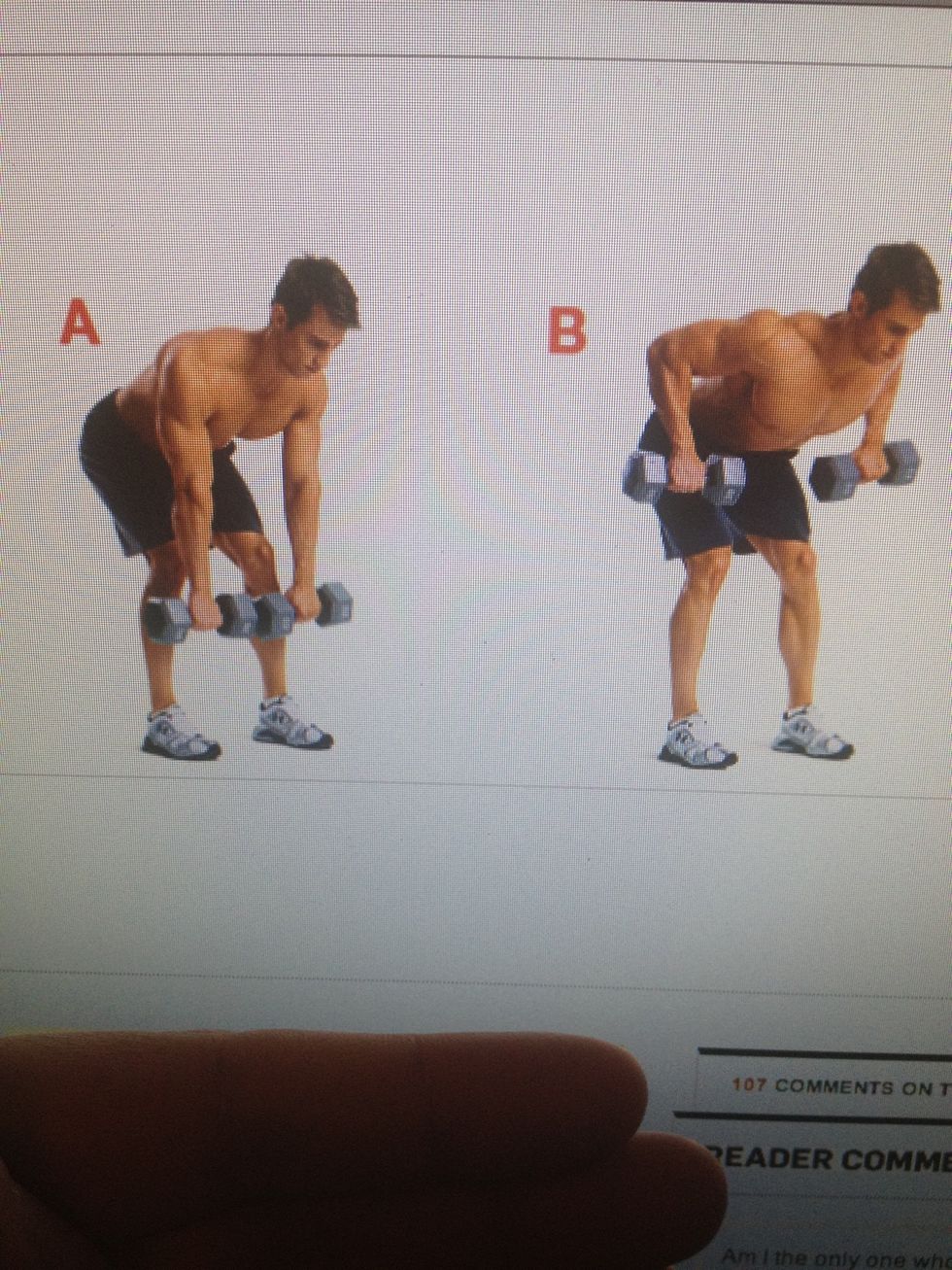 Bend at hips but do not round your back. Let dumbbells hang at arms length. Row weights upward by raising upper arms and squeezing shoulder blades together