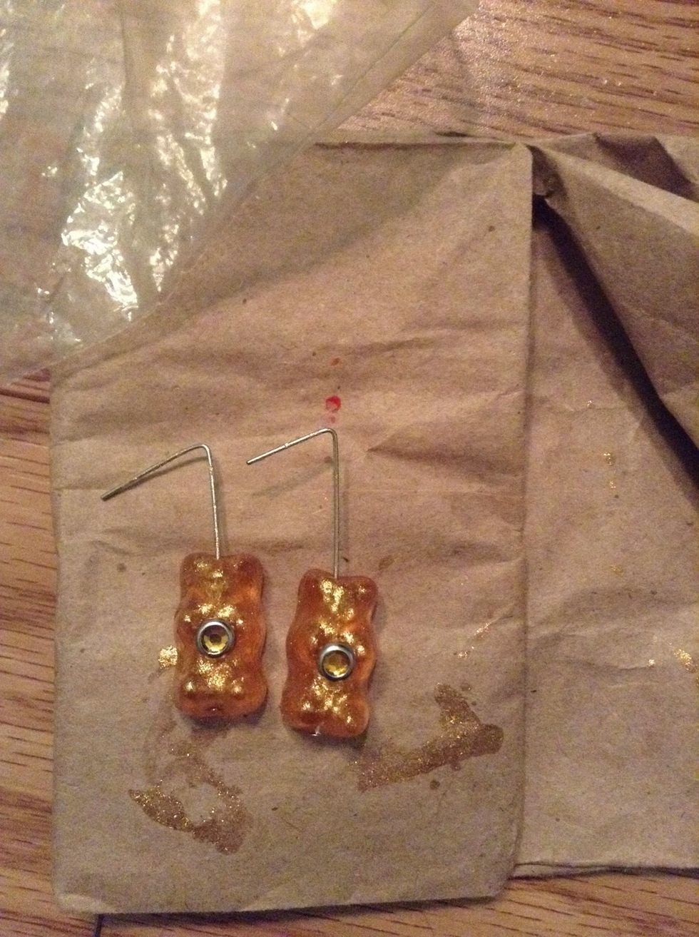 Bend headpins and cut off excess. Press jewels into gummies. Mine had metal prongs on the back because they were from my old bedazzler, but if you have flat-backed jewels, super glue should do it